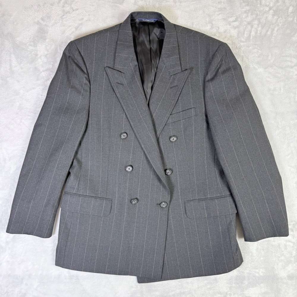Burberrys Blazer‎ Mens 44 Grey Pinstripe Double Breasted Pure Wool Vintage